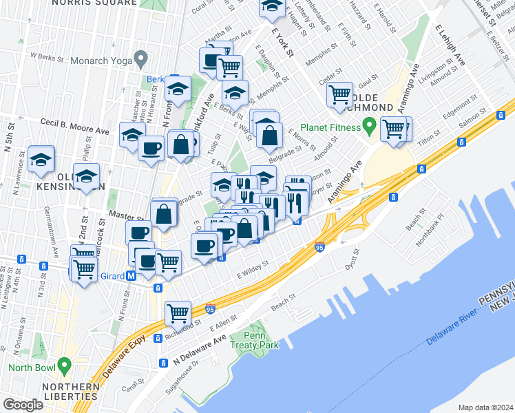 map of restaurants, bars, coffee shops, grocery stores, and more near 530 East Thompson Street in Philadelphia