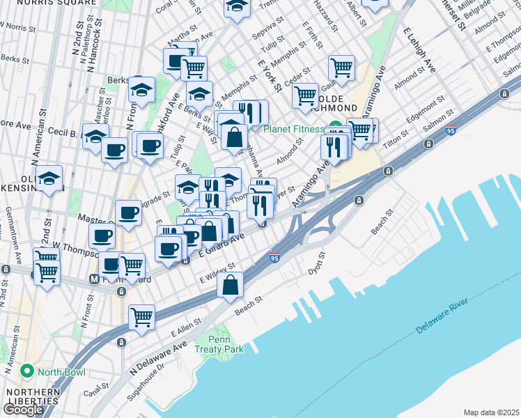 map of restaurants, bars, coffee shops, grocery stores, and more near 700 Moyer Street in Philadelphia