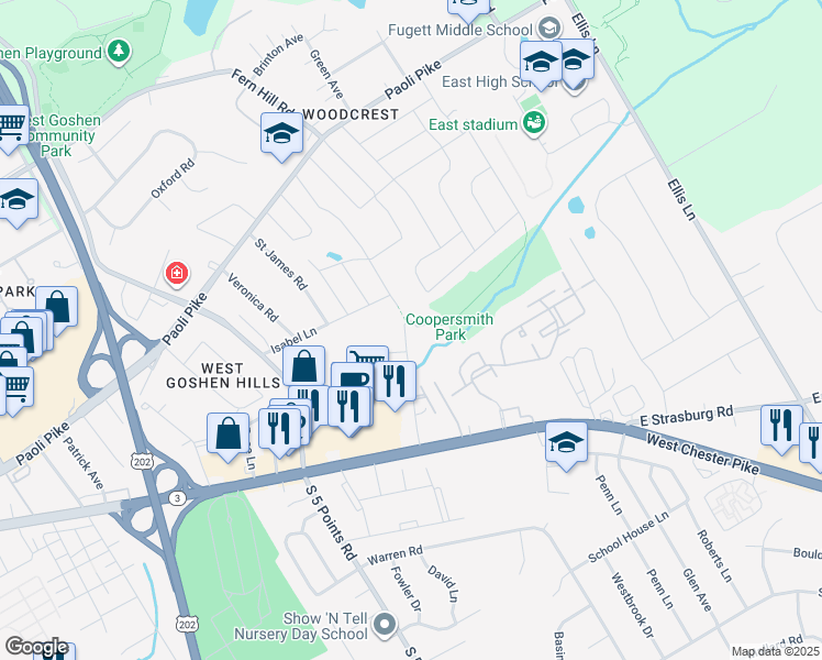 map of restaurants, bars, coffee shops, grocery stores, and more near 218 Spring Lane in West Chester