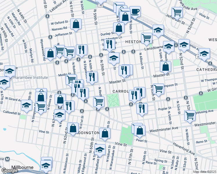map of restaurants, bars, coffee shops, grocery stores, and more near 1334 North Hobart Street in Philadelphia