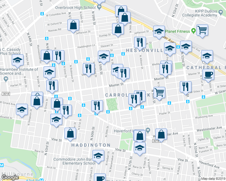 map of restaurants, bars, coffee shops, grocery stores, and more near 1331 North Wanamaker Street in Philadelphia