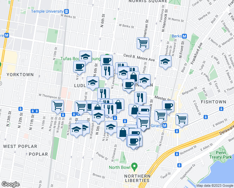 map of restaurants, bars, coffee shops, grocery stores, and more near 1331 North 4th Street in Philadelphia