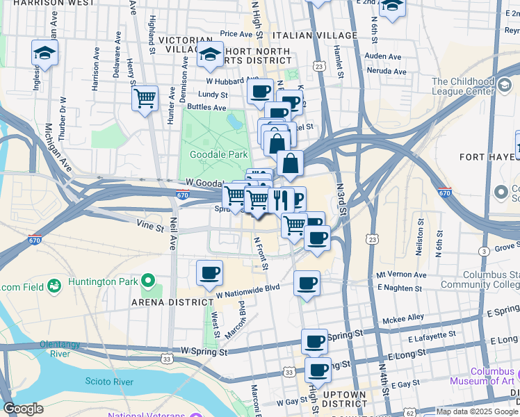 map of restaurants, bars, coffee shops, grocery stores, and more near 59 Spruce Street in Columbus