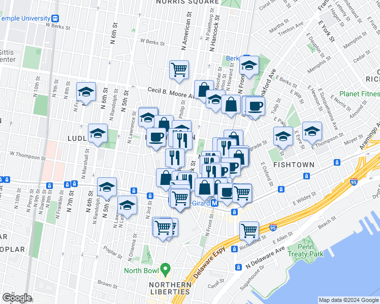 map of restaurants, bars, coffee shops, grocery stores, and more near 177 West Master Street in Philadelphia