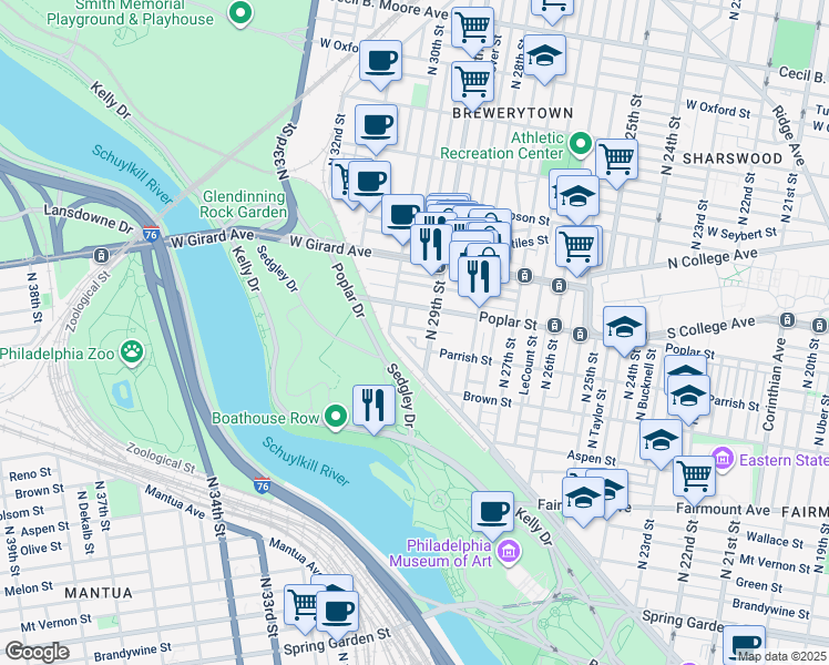 map of restaurants, bars, coffee shops, grocery stores, and more near 2918 Ogden Street in Philadelphia
