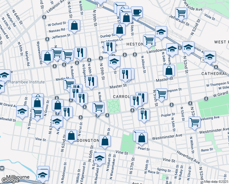 map of restaurants, bars, coffee shops, grocery stores, and more near 1331 North Wanamaker Street in Philadelphia