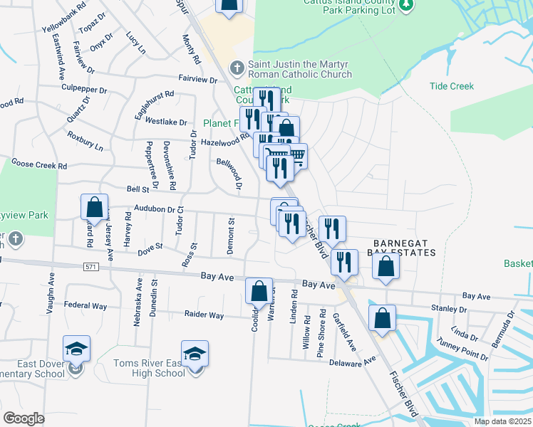 map of restaurants, bars, coffee shops, grocery stores, and more near 1162 Audubon Drive in Toms River