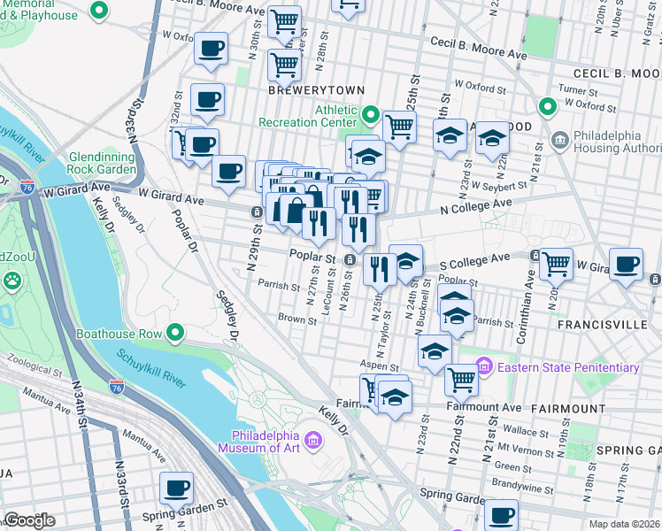 map of restaurants, bars, coffee shops, grocery stores, and more near 863 North Taney Street in Philadelphia