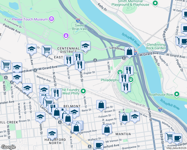 map of restaurants, bars, coffee shops, grocery stores, and more near 3939 Pennsgrove Street in Philadelphia