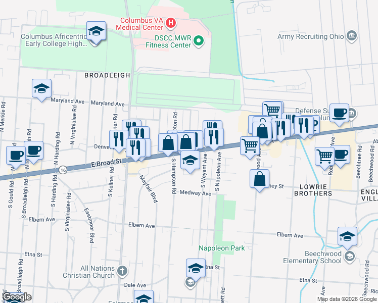 map of restaurants, bars, coffee shops, grocery stores, and more near E Broad St & N Waverly St in Columbus