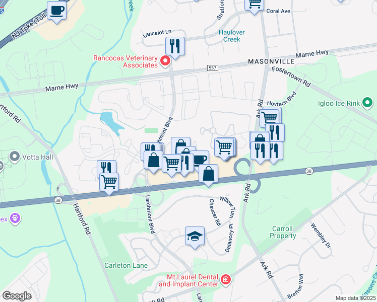 map of restaurants, bars, coffee shops, grocery stores, and more near 1905A Sedgefield Drive in Mount Laurel Township