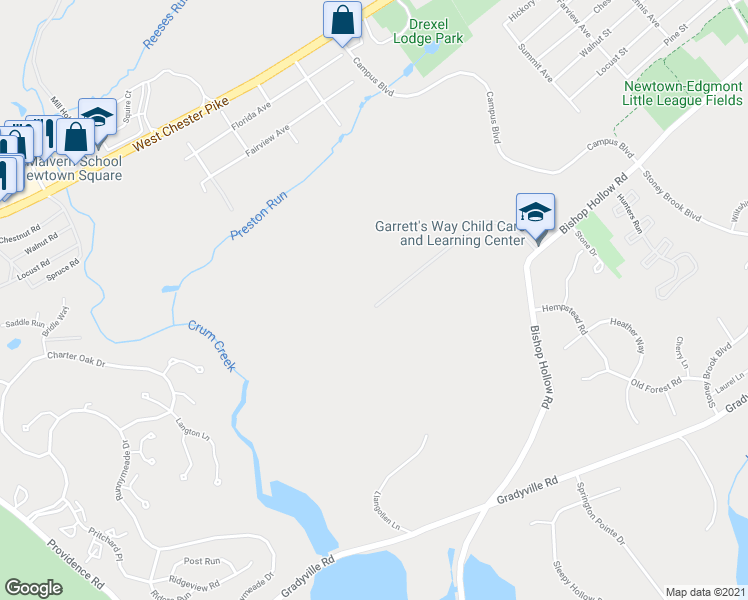 map of restaurants, bars, coffee shops, grocery stores, and more near 395 Bishop Hollow Road in Delaware County