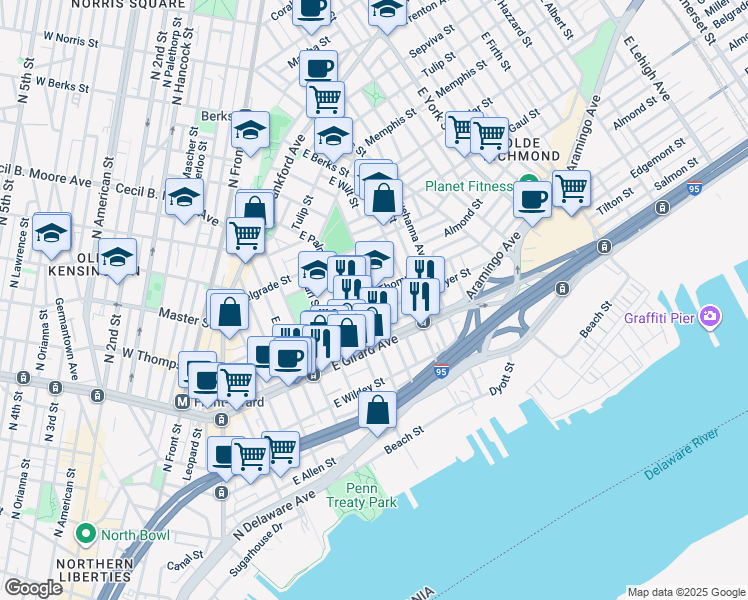 map of restaurants, bars, coffee shops, grocery stores, and more near 1246 East Montgomery Avenue in Philadelphia