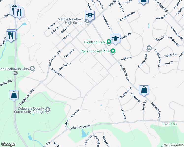 map of restaurants, bars, coffee shops, grocery stores, and more near 2722 Old Cedar Grove Road in Broomall