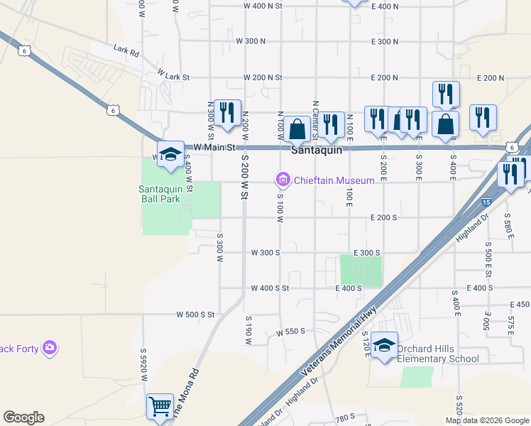 map of restaurants, bars, coffee shops, grocery stores, and more near 219 West 200 South in Santaquin