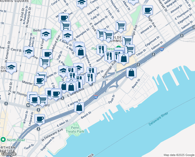 map of restaurants, bars, coffee shops, grocery stores, and more near 800 East Girard Avenue in Philadelphia