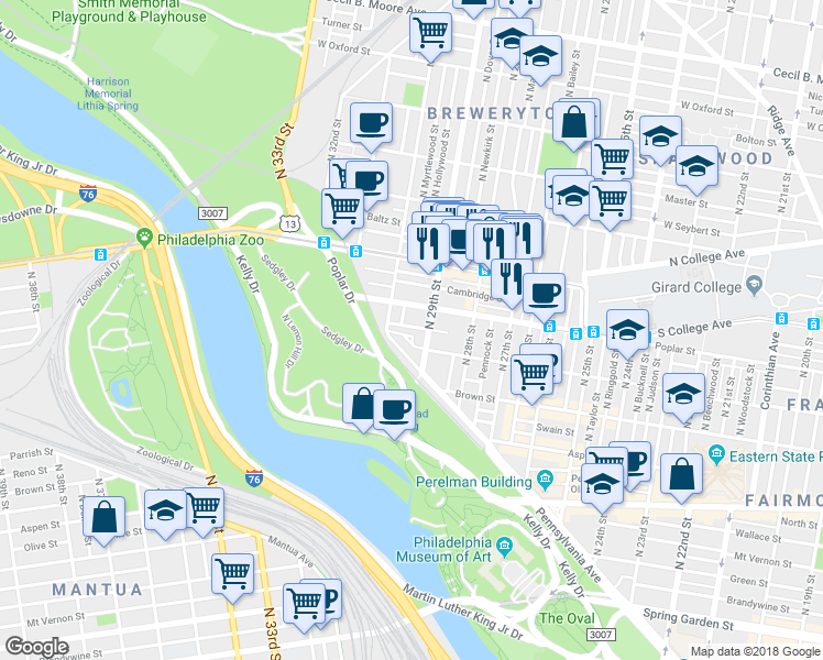 map of restaurants, bars, coffee shops, grocery stores, and more near 2918 Ogden Street in Philadelphia