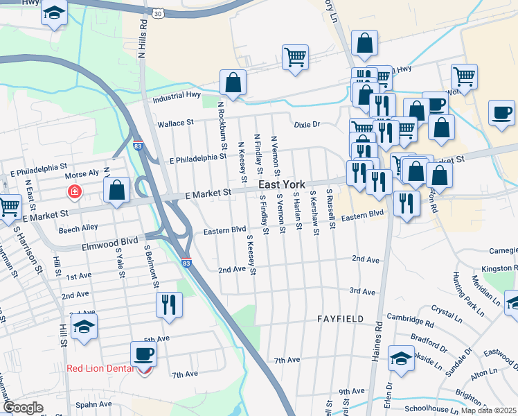 map of restaurants, bars, coffee shops, grocery stores, and more near 24 South Findlay Street in East York