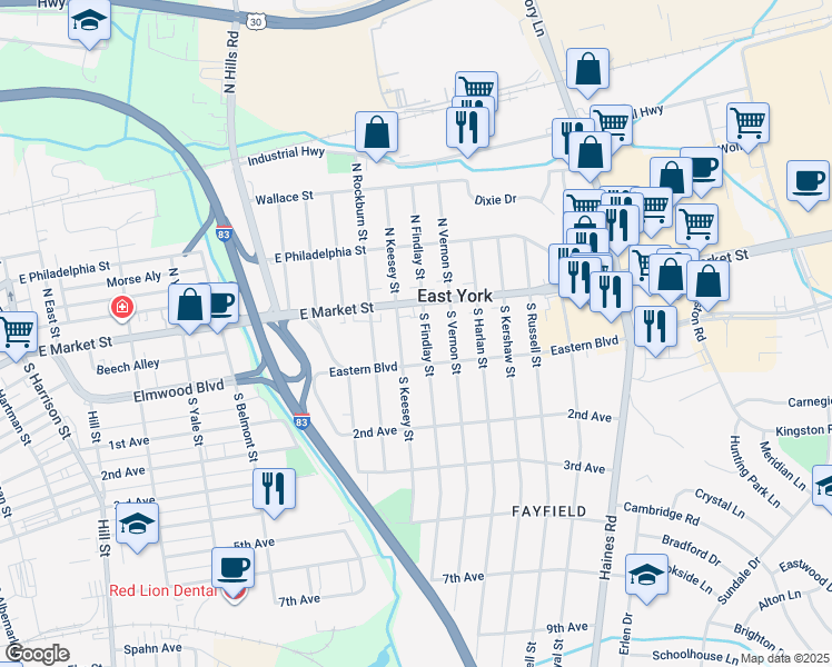 map of restaurants, bars, coffee shops, grocery stores, and more near 24 South Findlay Street in East York