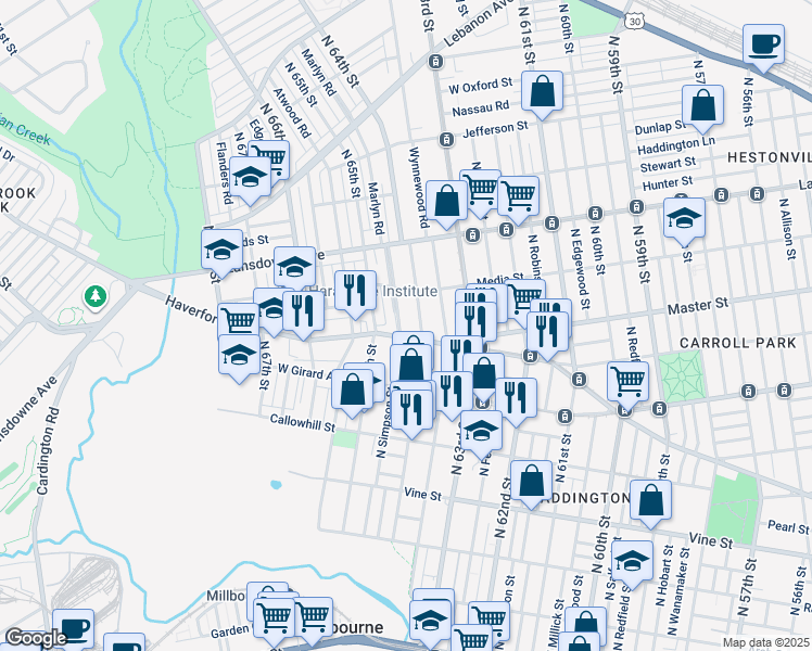 map of restaurants, bars, coffee shops, grocery stores, and more near 611 Marlyn Road in Philadelphia