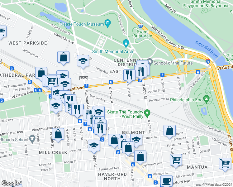 map of restaurants, bars, coffee shops, grocery stores, and more near 4158 Poplar Street in Philadelphia