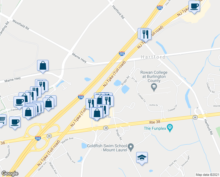 map of restaurants, bars, coffee shops, grocery stores, and more near 1015 Briggs Road in Mount Laurel