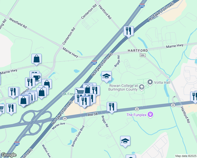 map of restaurants, bars, coffee shops, grocery stores, and more near 1015 Briggs Road in Mount Laurel