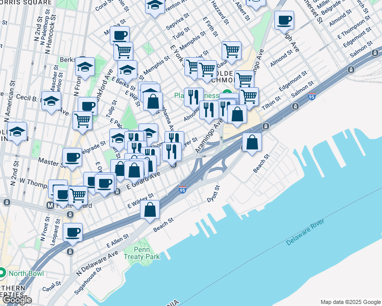 map of restaurants, bars, coffee shops, grocery stores, and more near 821 East Girard Avenue in Philadelphia