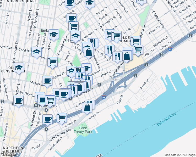 map of restaurants, bars, coffee shops, grocery stores, and more near in Philadelphia