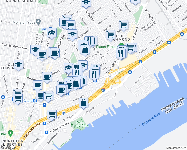 map of restaurants, bars, coffee shops, grocery stores, and more near in Philadelphia