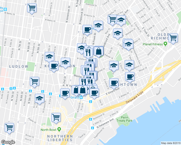 map of restaurants, bars, coffee shops, grocery stores, and more near 1405 North Front Street in Philadelphia