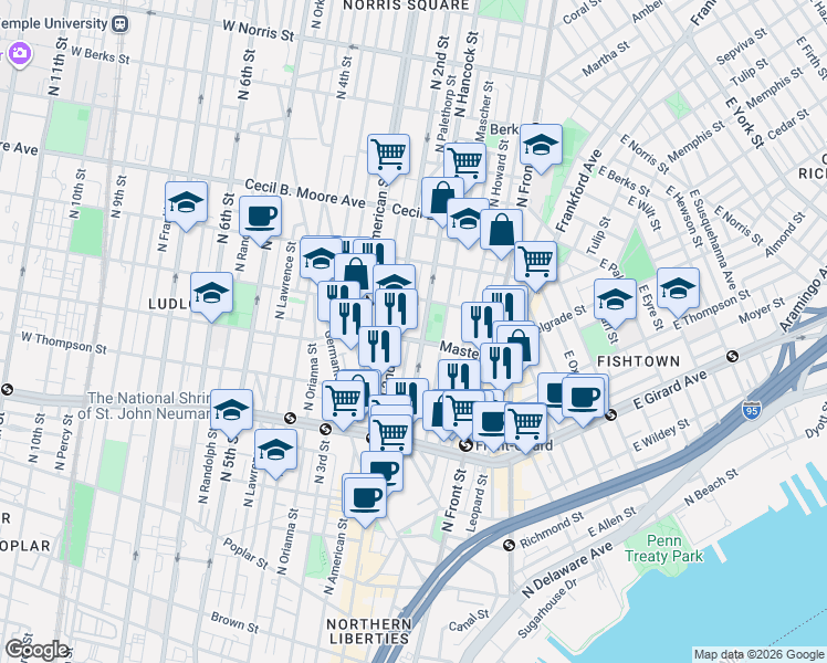 map of restaurants, bars, coffee shops, grocery stores, and more near in Philadelphia