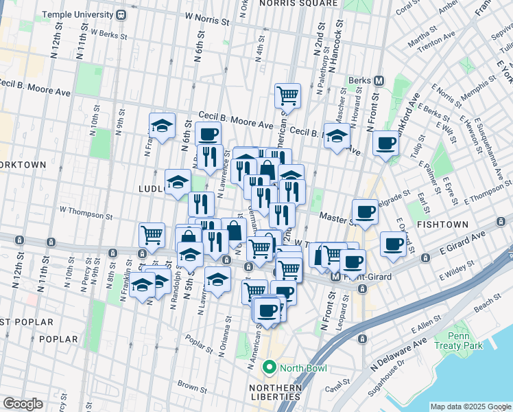 map of restaurants, bars, coffee shops, grocery stores, and more near 1345 Germantown Avenue in Philadelphia