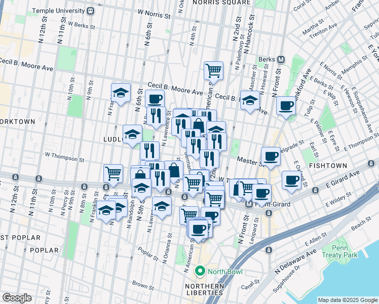 map of restaurants, bars, coffee shops, grocery stores, and more near 1345 Germantown Avenue in Philadelphia