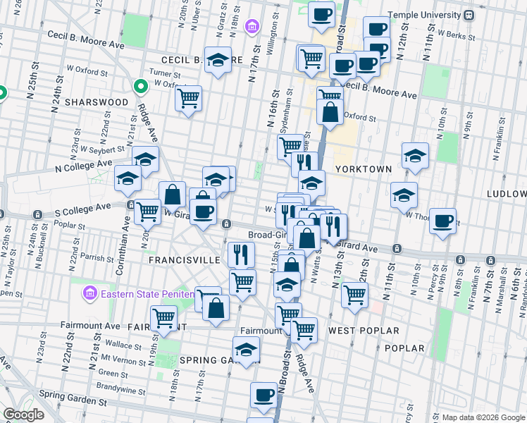 map of restaurants, bars, coffee shops, grocery stores, and more near 1521 West Girard Avenue in Philadelphia