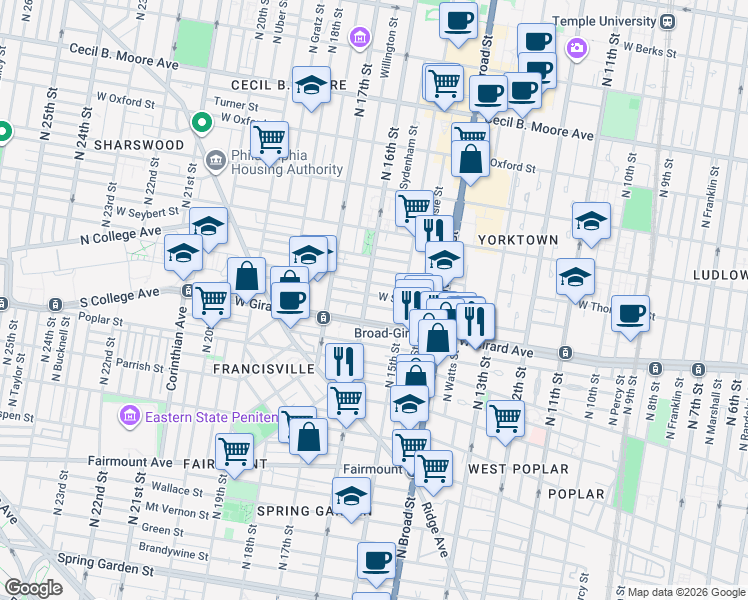 map of restaurants, bars, coffee shops, grocery stores, and more near 1521 West Girard Avenue in Philadelphia