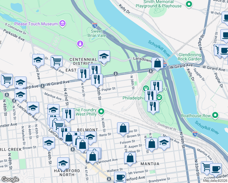 map of restaurants, bars, coffee shops, grocery stores, and more near 3939 Pennsgrove Street in Philadelphia