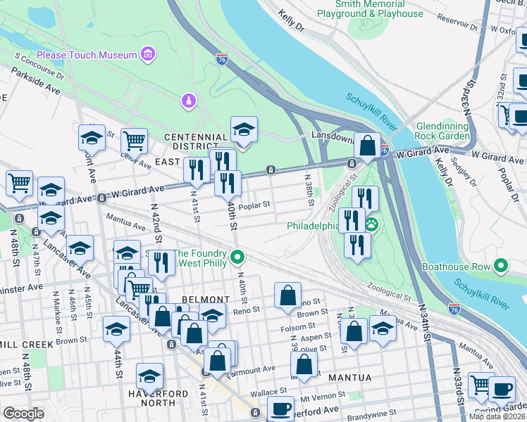 map of restaurants, bars, coffee shops, grocery stores, and more near 3939 Pennsgrove Street in Philadelphia