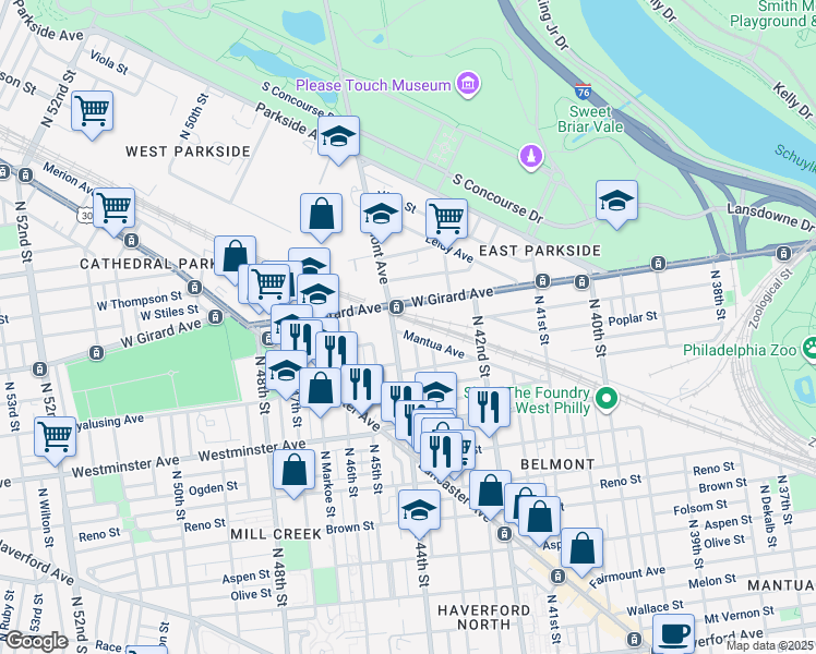 map of restaurants, bars, coffee shops, grocery stores, and more near 4305 Mantua Avenue in Philadelphia
