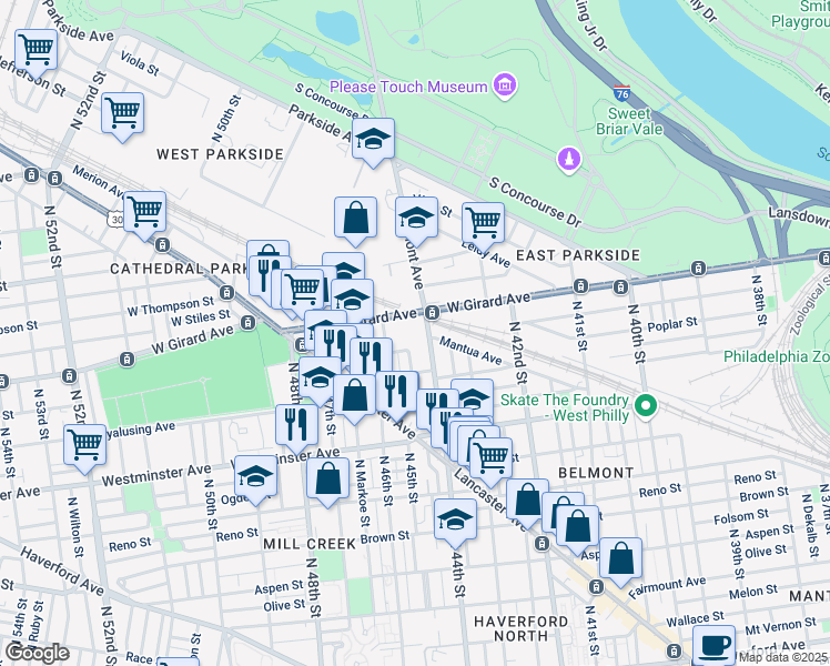 map of restaurants, bars, coffee shops, grocery stores, and more near 1026 Poplar Street in Philadelphia