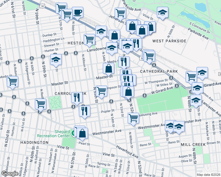 map of restaurants, bars, coffee shops, grocery stores, and more near 5319 West Stiles Street in Philadelphia