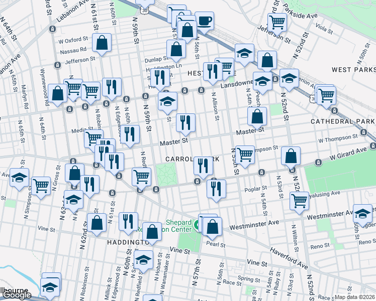 map of restaurants, bars, coffee shops, grocery stores, and more near 1300 North Alden Street in Philadelphia