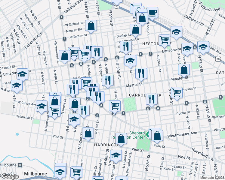 map of restaurants, bars, coffee shops, grocery stores, and more near 1313 North Redfield Street in Philadelphia