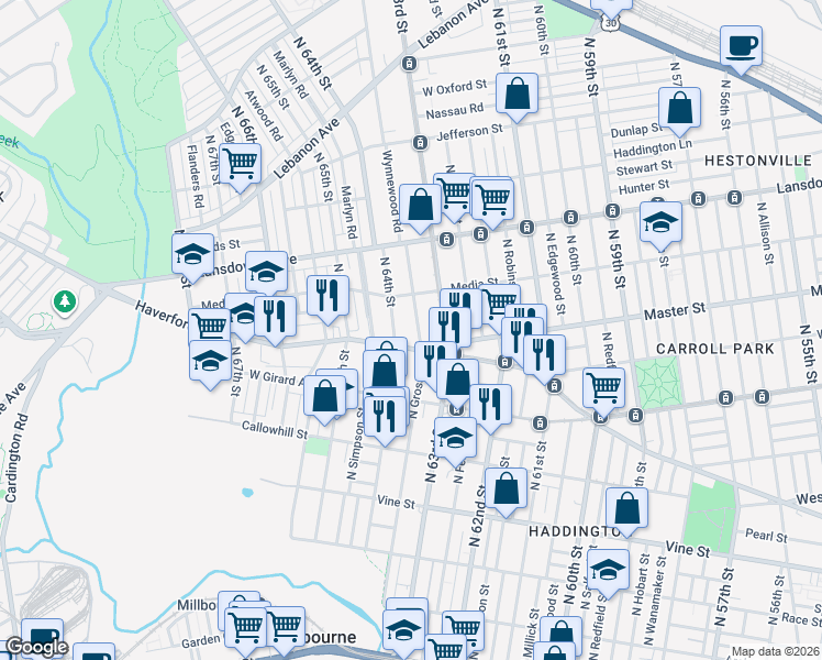 map of restaurants, bars, coffee shops, grocery stores, and more near 6340 Haverford Avenue in Philadelphia