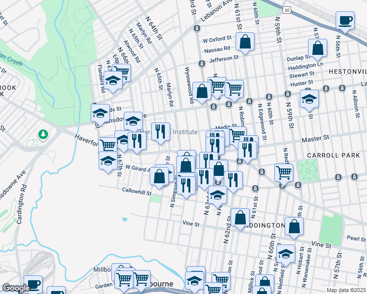 map of restaurants, bars, coffee shops, grocery stores, and more near 611 Marlyn Road in Philadelphia