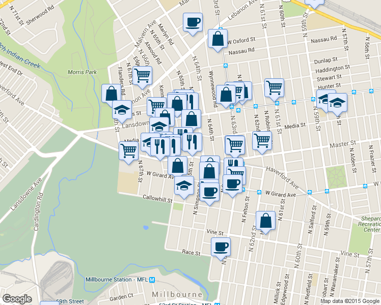 map of restaurants, bars, coffee shops, grocery stores, and more near in Philadelphia