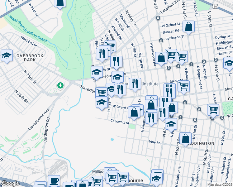 map of restaurants, bars, coffee shops, grocery stores, and more near 6602 Haverford Avenue in Philadelphia