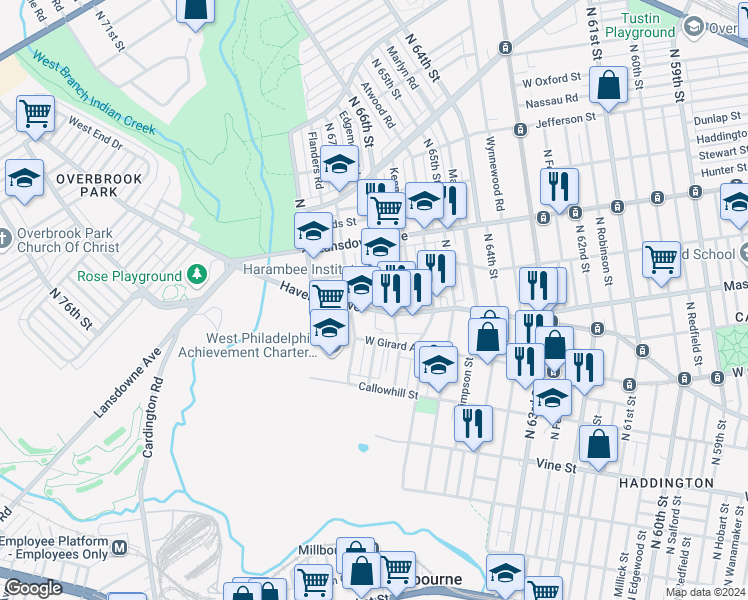 map of restaurants, bars, coffee shops, grocery stores, and more near 6608 Haverford Avenue in Philadelphia