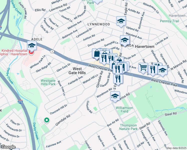 map of restaurants, bars, coffee shops, grocery stores, and more near 100 Walnut Hill Lane in Havertown