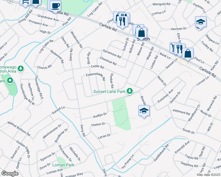 map of restaurants, bars, coffee shops, grocery stores, and more near 2472 Manor Road in York